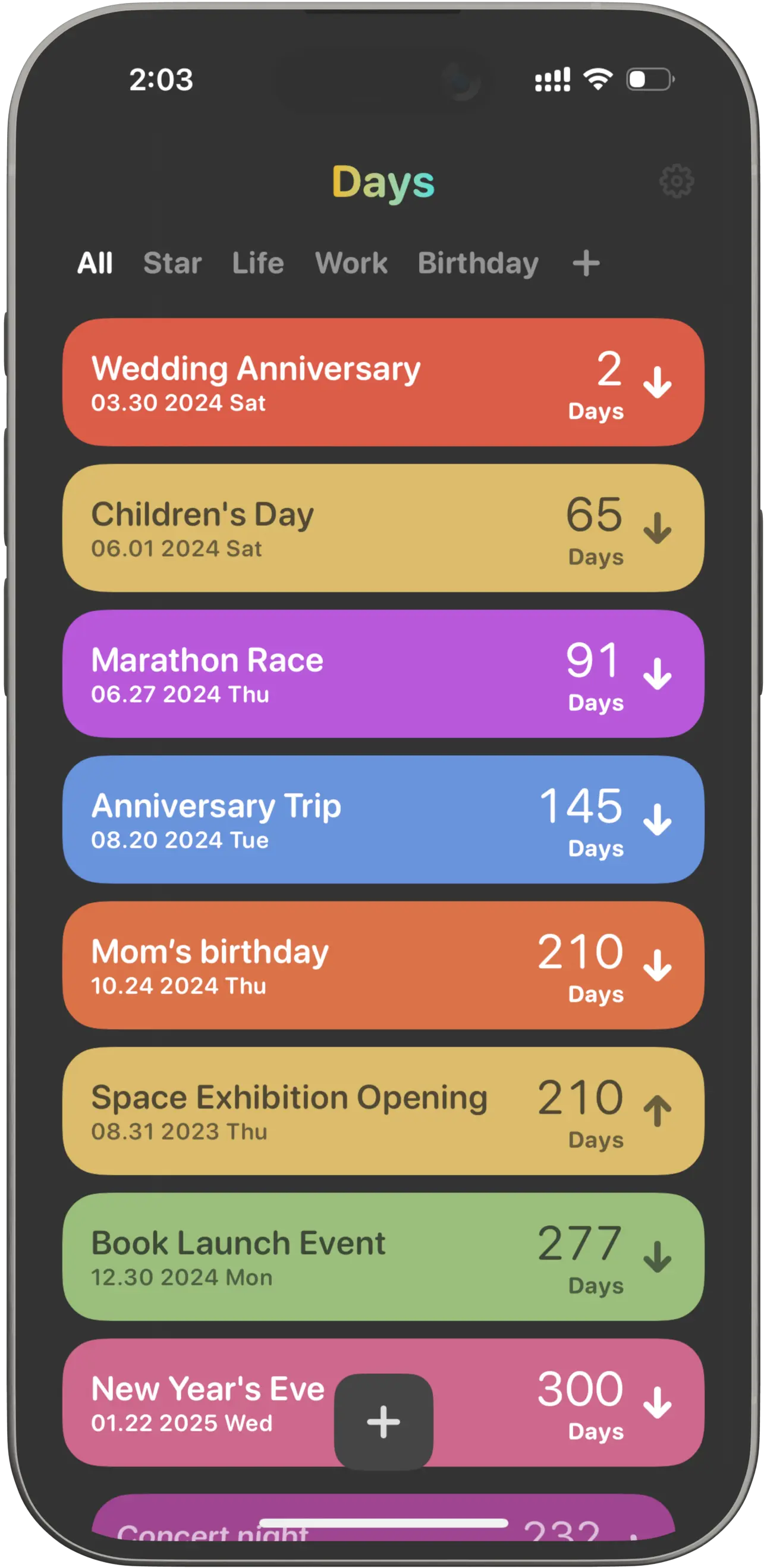 iPhone displaying DaysTill countdown widgets for birthday and anniversary
